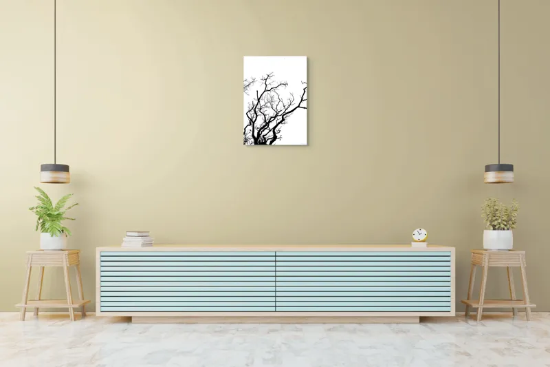 Tablou Canvas, "Umbră de ramuri curajoase și fragile", Crengi, Siluetă, Contrast, Minimalism, Natură, Melancolie, Frumusețe, Întunecate, Încrengături, Cer, Simplicitate, Linie, Dramatic, Textură, Artistic., 50 x 70 cm – poza 6