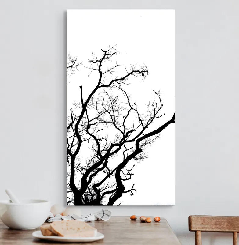 Tablou Canvas, "Umbră de ramuri curajoase și fragile", Crengi, Siluetă, Contrast, Minimalism, Natură, Melancolie, Frumusețe, Întunecate, Încrengături, Cer, Simplicitate, Linie, Dramatic, Textură, Artistic., 50 x 90 cm – poza 3