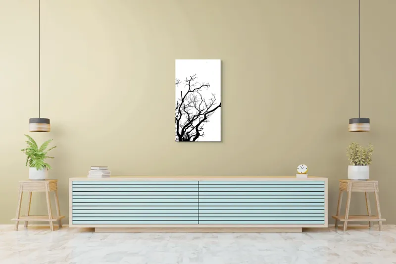 Tablou Canvas, "Umbră de ramuri curajoase și fragile", Crengi, Siluetă, Contrast, Minimalism, Natură, Melancolie, Frumusețe, Întunecate, Încrengături, Cer, Simplicitate, Linie, Dramatic, Textură, Artistic., 50 x 90 cm – poza 6