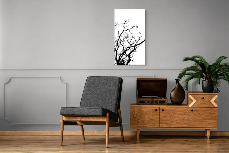 Tablou Canvas, "Umbră de ramuri curajoase și fragile", Crengi, Siluetă, Contrast, Minimalism, Natură, Melancolie, Frumusețe, Întunecate, Încrengături, Cer, Simplicitate, Linie, Dramatic, Textură, Artistic., 50 x 90 cm – poza 8