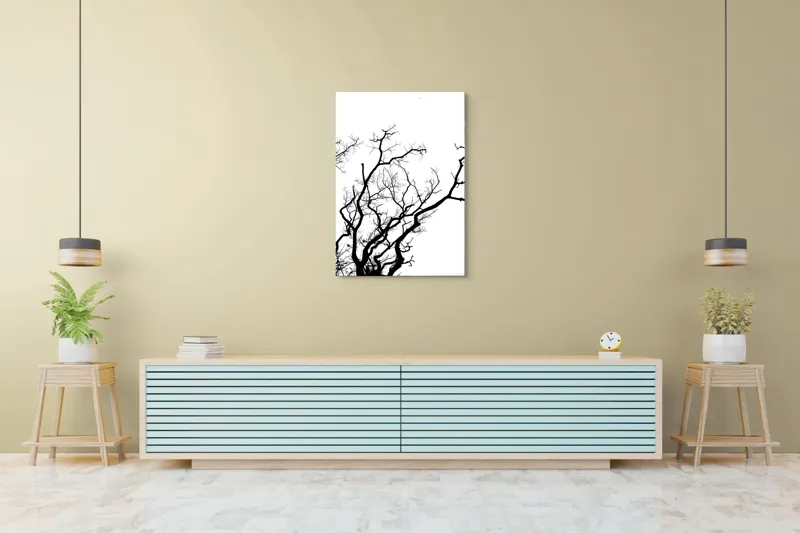 Tablou Canvas, "Umbră de ramuri curajoase și fragile", Crengi, Siluetă, Contrast, Minimalism, Natură, Melancolie, Frumusețe, Întunecate, Încrengături, Cer, Simplicitate, Linie, Dramatic, Textură, Artistic., 70 x 100 cm – poza 5
