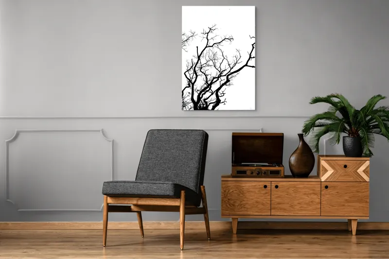 Tablou Canvas, "Umbră de ramuri curajoase și fragile", Crengi, Siluetă, Contrast, Minimalism, Natură, Melancolie, Frumusețe, Întunecate, Încrengături, Cer, Simplicitate, Linie, Dramatic, Textură, Artistic., 70 x 100 cm – poza 6