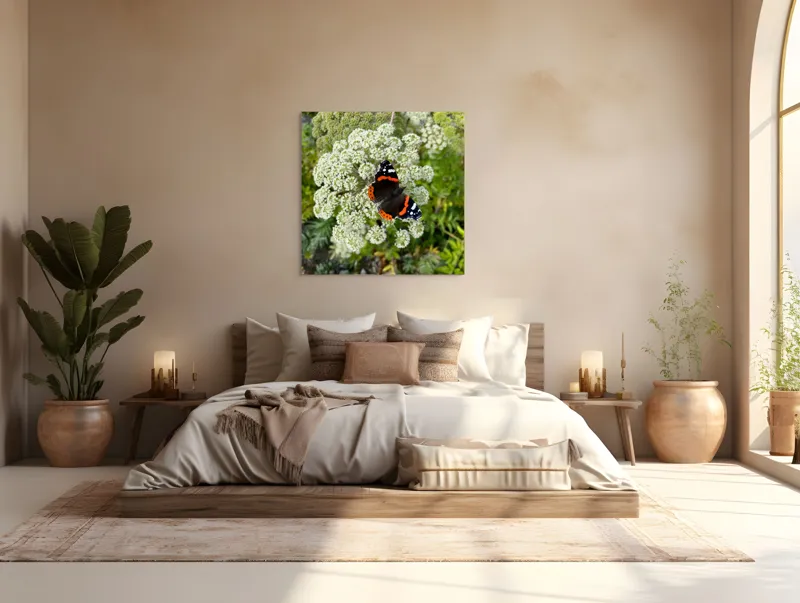 Tablou Canvas, "Fluturele și floarea luminoasă a verii", Fluture, Contrast, Natura, Flori, Aripi, Detalii, Culori, Fragilitate, Viu, Verde, Gratie, 100 x 100 cm – poza 4