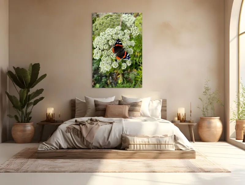 Tablou Canvas, "Fluturele și floarea luminoasă a verii", Fluture, Contrast, Natura, Flori, Aripi, Detalii, Culori, Fragilitate, Viu, Verde, Gratie, 100 x 150 cm – poza 3