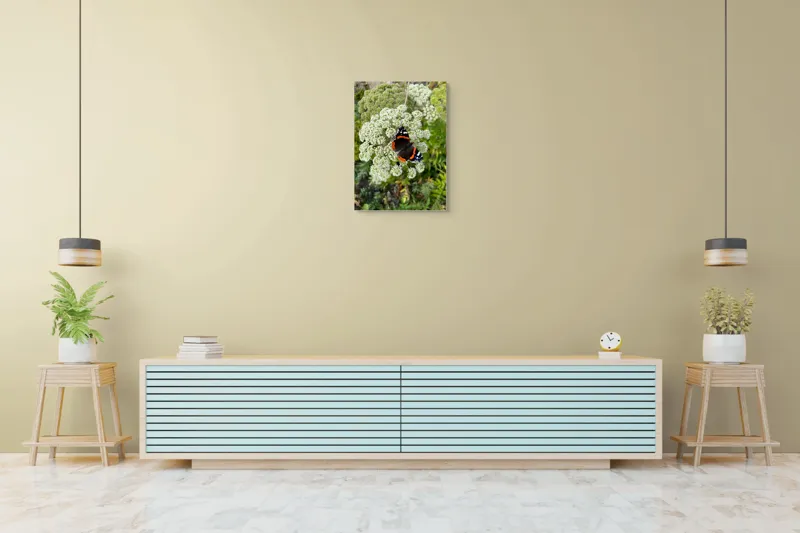 Tablou Canvas, "Fluturele și floarea luminoasă a verii", Fluture, Contrast, Natura, Flori, Aripi, Detalii, Culori, Fragilitate, Viu, Verde, Gratie, 50 x 70 cm – poza 6