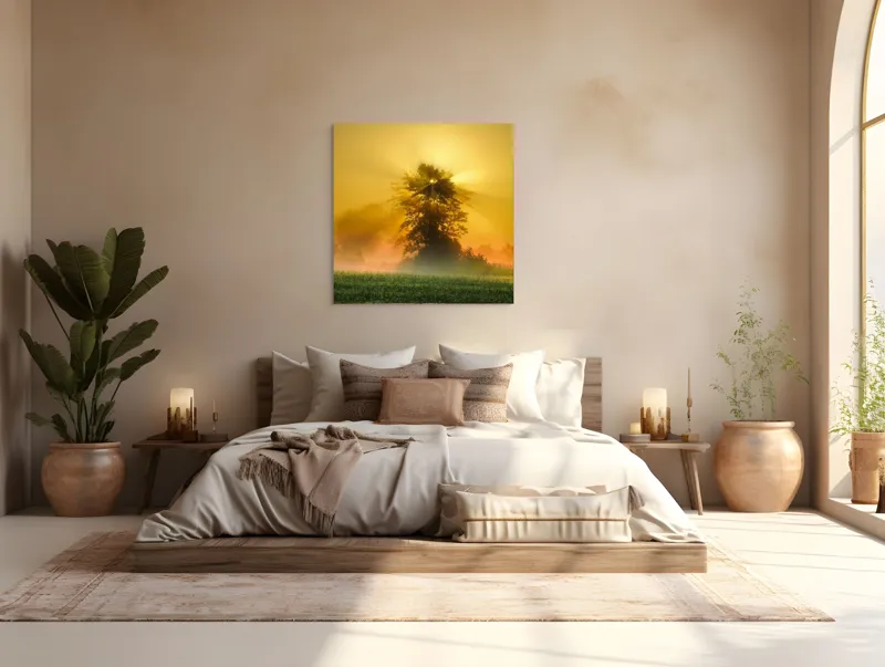 Tablou Canvas, "Răsărit de soare în ceață aurie", Soare, Raze, Copac, Ceață, Câmp, Lumină, Natură, Pace, Dimineață, Serenitate, 100 x 100 cm – poza 4