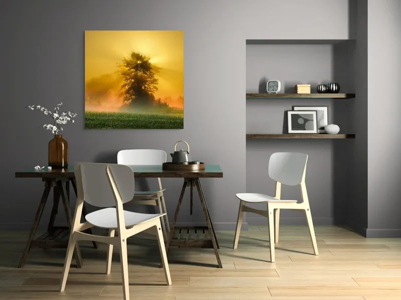 Tablou Canvas, "Răsărit de soare în ceață aurie", Soare, Raze, Copac, Ceață, Câmp, Lumină, Natură, Pace, Dimineață, Serenitate, 100 x 100 cm – poza 6