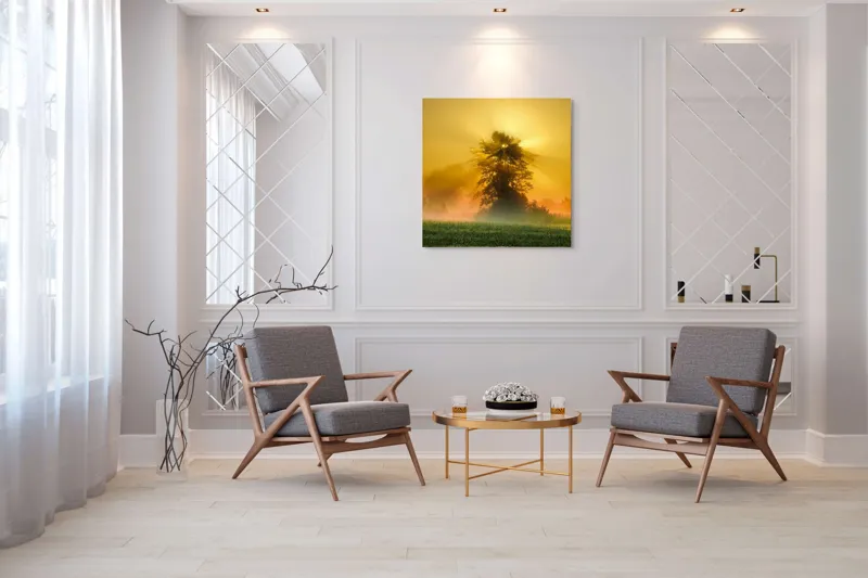 Tablou Canvas, "Răsărit de soare în ceață aurie", Soare, Raze, Copac, Ceață, Câmp, Lumină, Natură, Pace, Dimineață, Serenitate, 100 x 100 cm – poza 7