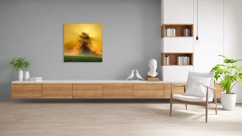 Tablou Canvas, "Răsărit de soare în ceață aurie", Soare, Raze, Copac, Ceață, Câmp, Lumină, Natură, Pace, Dimineață, Serenitate, 100 x 100 cm – poza 8