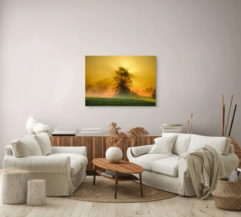 Tablou Canvas, "Răsărit de soare în ceață aurie", Soare, Raze, Copac, Ceață, Câmp, Lumină, Natură, Pace, Dimineață, Serenitate, 100 x 70 cm – poza 3