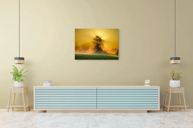 Tablou Canvas, "Răsărit de soare în ceață aurie", Soare, Raze, Copac, Ceață, Câmp, Lumină, Natură, Pace, Dimineață, Serenitate, 100 x 70 cm – poza 4