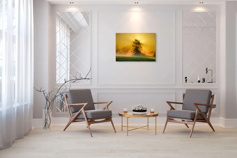 Tablou Canvas, "Răsărit de soare în ceață aurie", Soare, Raze, Copac, Ceață, Câmp, Lumină, Natură, Pace, Dimineață, Serenitate, 100 x 70 cm – poza 5