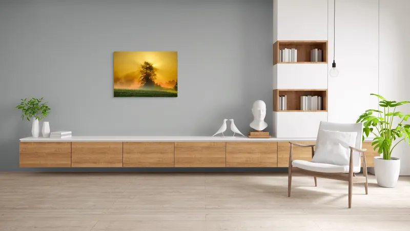 Tablou Canvas, "Răsărit de soare în ceață aurie", Soare, Raze, Copac, Ceață, Câmp, Lumină, Natură, Pace, Dimineață, Serenitate, 100 x 70 cm – poza 6
