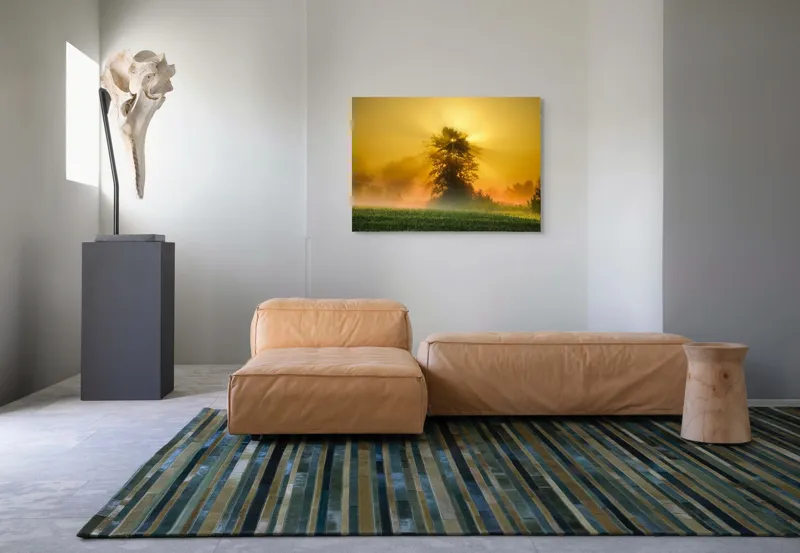 Tablou Canvas, "Răsărit de soare în ceață aurie", Soare, Raze, Copac, Ceață, Câmp, Lumină, Natură, Pace, Dimineață, Serenitate, 100 x 70 cm – poza 7