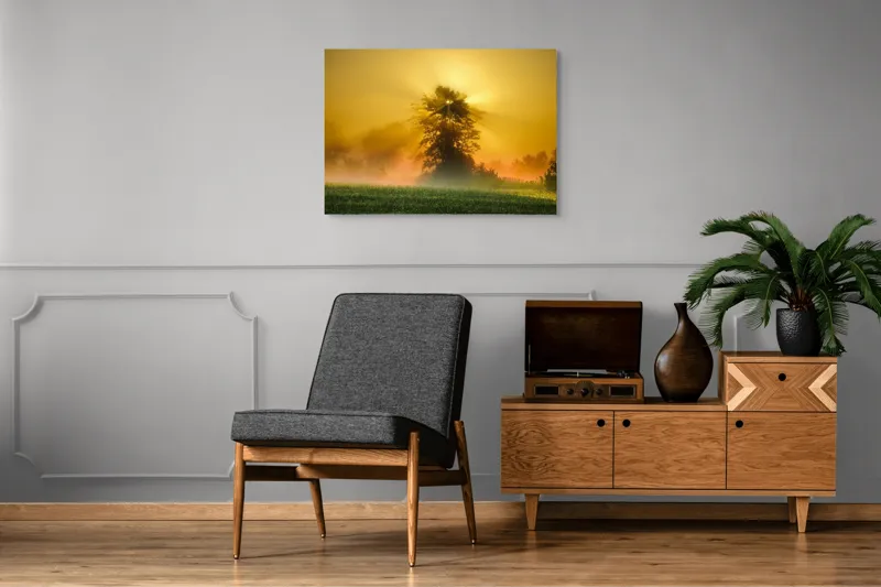 Tablou Canvas, "Răsărit de soare în ceață aurie", Soare, Raze, Copac, Ceață, Câmp, Lumină, Natură, Pace, Dimineață, Serenitate, 100 x 70 cm – poza 8