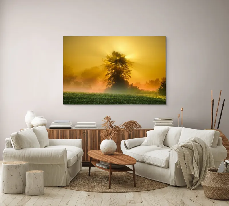 Tablou Canvas, "Răsărit de soare în ceață aurie", Soare, Raze, Copac, Ceață, Câmp, Lumină, Natură, Pace, Dimineață, Serenitate, 150 x 100 cm – poza 3