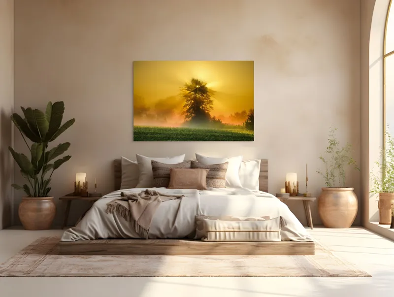 Tablou Canvas, "Răsărit de soare în ceață aurie", Soare, Raze, Copac, Ceață, Câmp, Lumină, Natură, Pace, Dimineață, Serenitate, 150 x 100 cm – poza 4