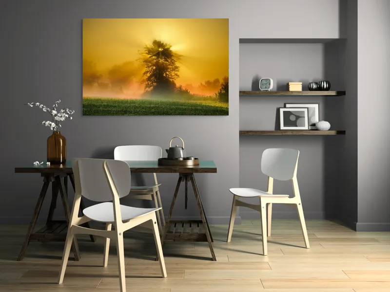 Tablou Canvas, "Răsărit de soare în ceață aurie", Soare, Raze, Copac, Ceață, Câmp, Lumină, Natură, Pace, Dimineață, Serenitate, 150 x 100 cm – poza 5