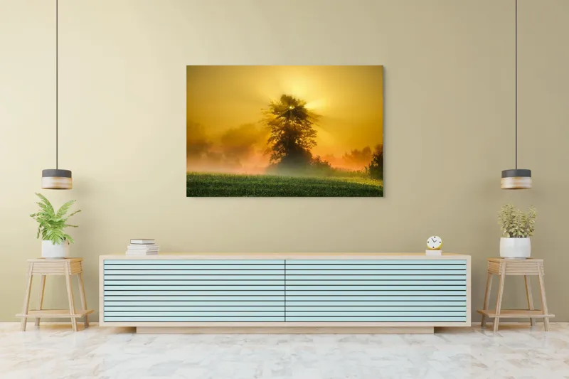 Tablou Canvas, "Răsărit de soare în ceață aurie", Soare, Raze, Copac, Ceață, Câmp, Lumină, Natură, Pace, Dimineață, Serenitate, 150 x 100 cm – poza 6