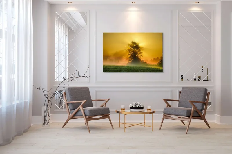 Tablou Canvas, "Răsărit de soare în ceață aurie", Soare, Raze, Copac, Ceață, Câmp, Lumină, Natură, Pace, Dimineață, Serenitate, 150 x 100 cm – poza 7