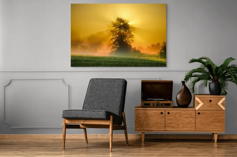 Tablou Canvas, "Răsărit de soare în ceață aurie", Soare, Raze, Copac, Ceață, Câmp, Lumină, Natură, Pace, Dimineață, Serenitate, 150 x 100 cm – poza 8
