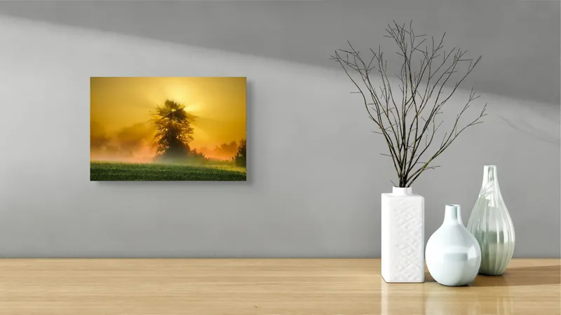 Tablou Canvas, "Răsărit de soare în ceață aurie", Soare, Raze, Copac, Ceață, Câmp, Lumină, Natură, Pace, Dimineață, Serenitate, 39 x 26 cm – poza 8