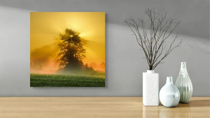 Tablou Canvas, "Răsărit de soare în ceață aurie", Soare, Raze, Copac, Ceață, Câmp, Lumină, Natură, Pace, Dimineață, Serenitate, 50 x 50 cm – poza 3