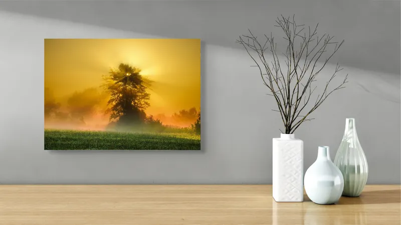 Tablou Canvas, "Răsărit de soare în ceață aurie", Soare, Raze, Copac, Ceață, Câmp, Lumină, Natură, Pace, Dimineață, Serenitate, 54 x 39 cm – poza 3