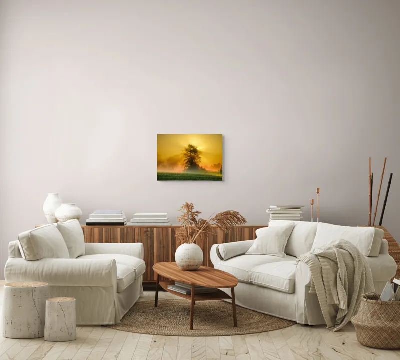 Tablou Canvas, "Răsărit de soare în ceață aurie", Soare, Raze, Copac, Ceață, Câmp, Lumină, Natură, Pace, Dimineață, Serenitate, 54 x 39 cm – poza 5