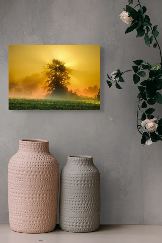 Tablou Canvas, "Răsărit de soare în ceață aurie", Soare, Raze, Copac, Ceață, Câmp, Lumină, Natură, Pace, Dimineață, Serenitate, 54 x 39 cm – poza 8