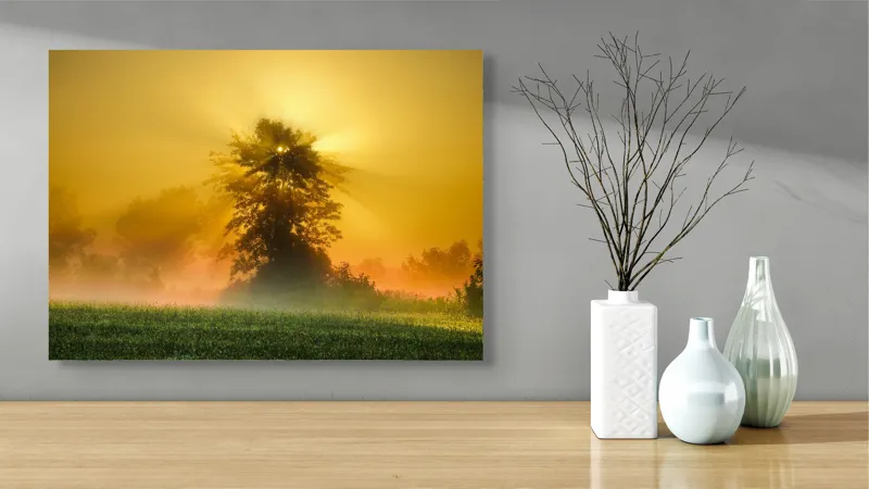 Tablou Canvas, "Răsărit de soare în ceață aurie", Soare, Raze, Copac, Ceață, Câmp, Lumină, Natură, Pace, Dimineață, Serenitate, 70 x 50 cm – poza 3