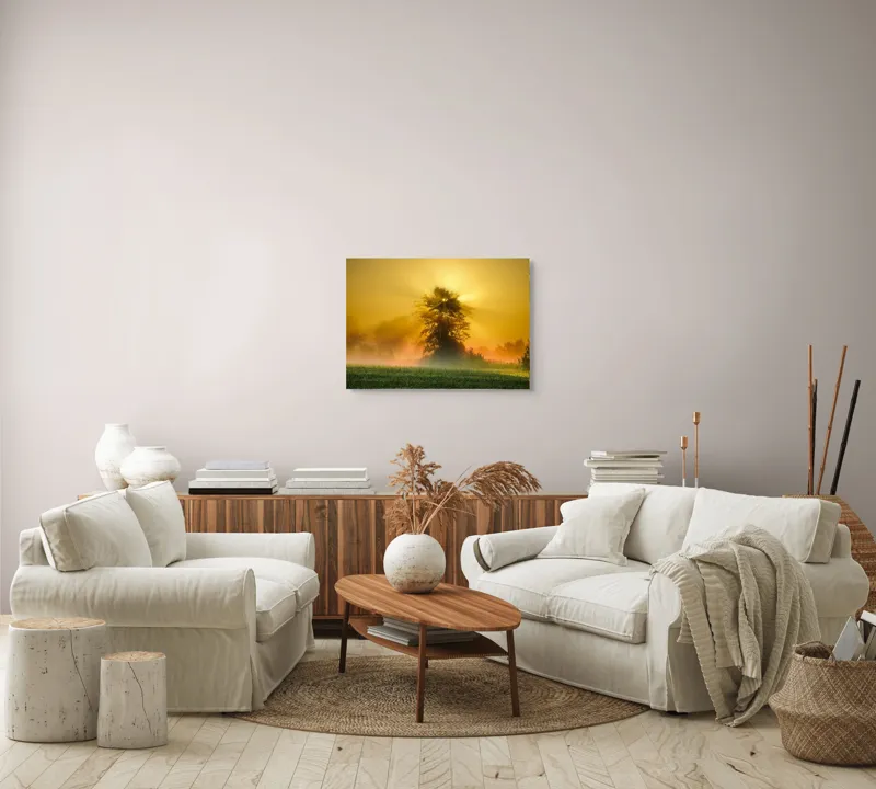 Tablou Canvas, "Răsărit de soare în ceață aurie", Soare, Raze, Copac, Ceață, Câmp, Lumină, Natură, Pace, Dimineață, Serenitate, 70 x 50 cm – poza 6