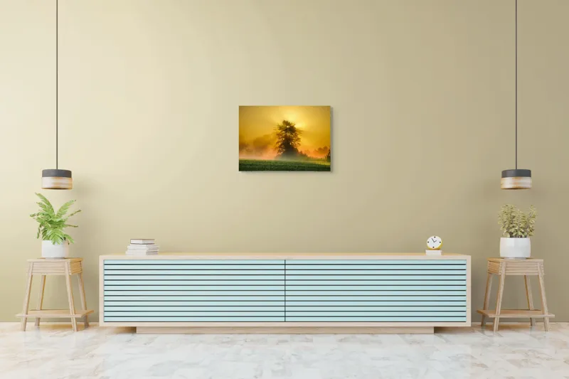 Tablou Canvas, "Răsărit de soare în ceață aurie", Soare, Raze, Copac, Ceață, Câmp, Lumină, Natură, Pace, Dimineață, Serenitate, 70 x 50 cm – poza 7