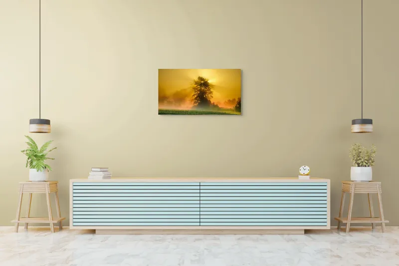 Tablou Canvas, "Răsărit de soare în ceață aurie", Soare, Raze, Copac, Ceață, Câmp, Lumină, Natură, Pace, Dimineață, Serenitate, 90 x 50 cm – poza 5