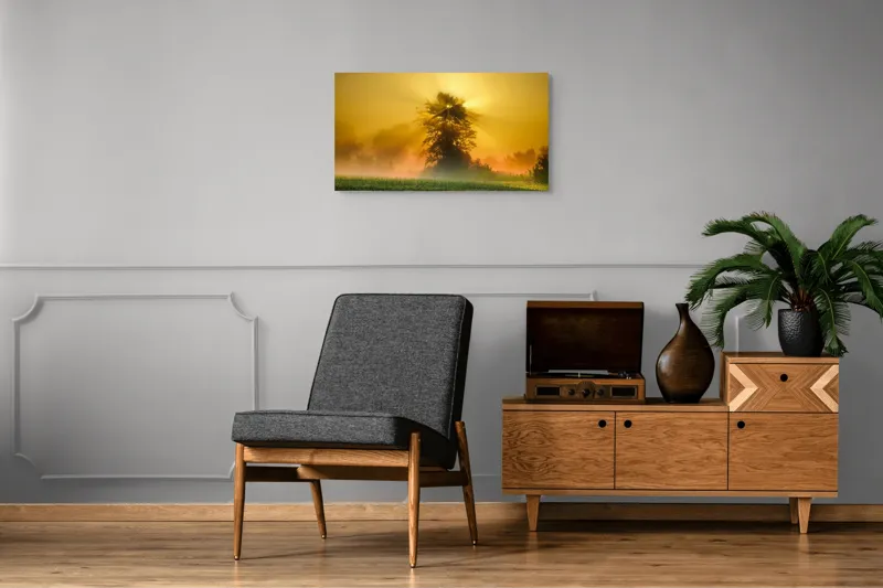 Tablou Canvas, "Răsărit de soare în ceață aurie", Soare, Raze, Copac, Ceață, Câmp, Lumină, Natură, Pace, Dimineață, Serenitate, 90 x 50 cm – poza 6