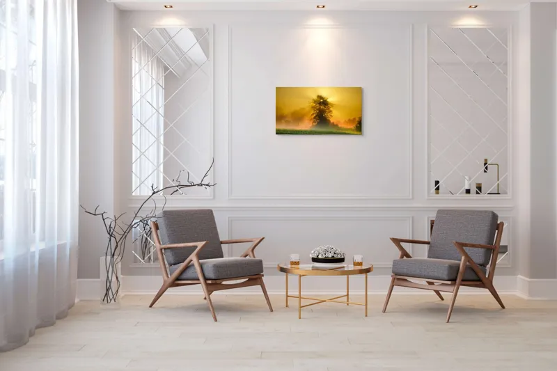 Tablou Canvas, "Răsărit de soare în ceață aurie", Soare, Raze, Copac, Ceață, Câmp, Lumină, Natură, Pace, Dimineață, Serenitate, 90 x 50 cm – poza 7
