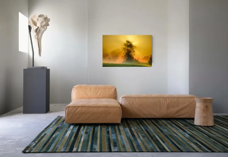 Tablou Canvas, "Răsărit de soare în ceață aurie", Soare, Raze, Copac, Ceață, Câmp, Lumină, Natură, Pace, Dimineață, Serenitate, 90 x 50 cm – poza 8