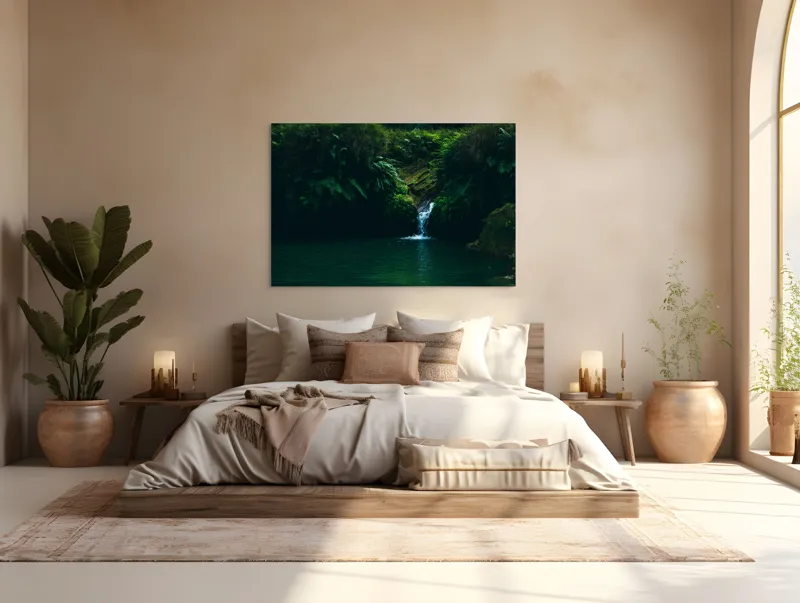 Tablou Canvas, "Cascadă ascunsă în pădurile verzi", Cascadă, Vegetație, Apă, Stâncă, Pădure, 150 x 100 cm – poza 4