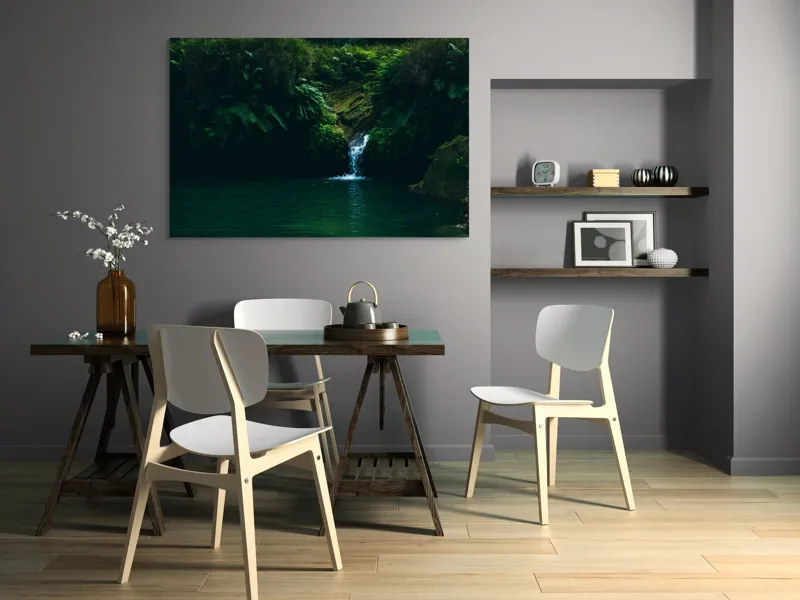 Tablou Canvas, "Cascadă ascunsă în pădurile verzi", Cascadă, Vegetație, Apă, Stâncă, Pădure, 150 x 100 cm – poza 5