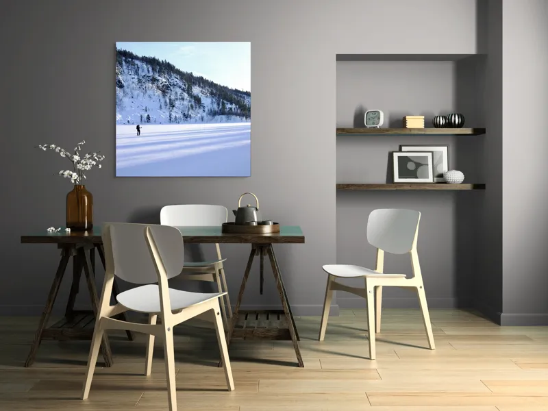 Tablou Canvas, "Umbre lungi pe zăpada albă", Tăcere, Solitudine, Îngheț, Vastitate, Lumină, Natură, Răceală, Munți, Seninătate, Contrast, 100 x 100 cm – poza 6