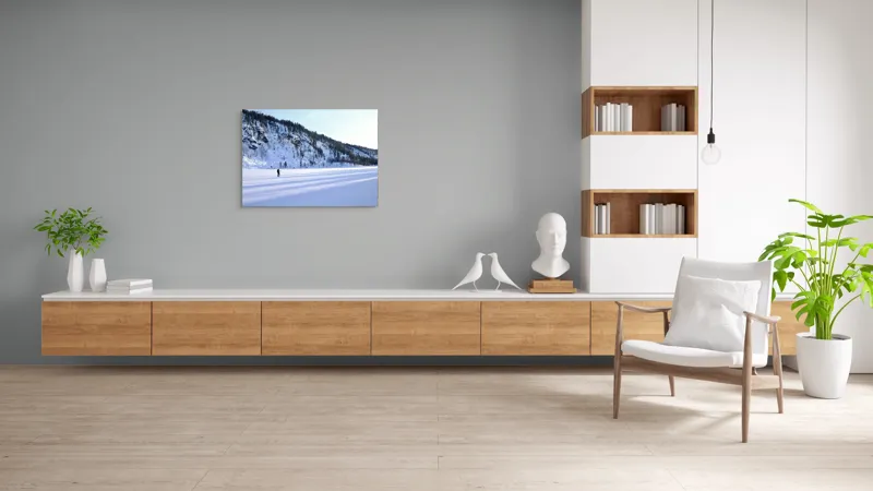 Tablou Canvas, "Umbre lungi pe zăpada albă", Tăcere, Solitudine, Îngheț, Vastitate, Lumină, Natură, Răceală, Munți, Seninătate, Contrast, 100 x 70 cm – poza 6