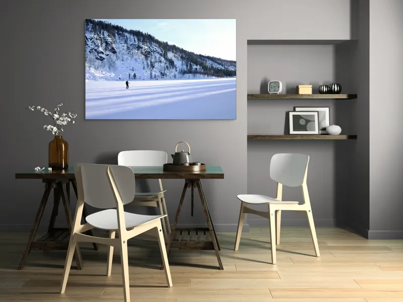 Tablou Canvas, "Umbre lungi pe zăpada albă", Tăcere, Solitudine, Îngheț, Vastitate, Lumină, Natură, Răceală, Munți, Seninătate, Contrast, 150 x 100 cm – poza 5