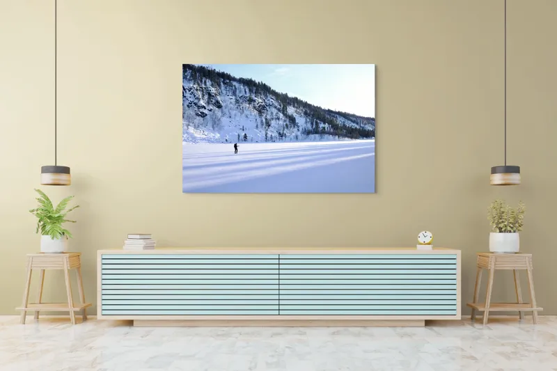 Tablou Canvas, "Umbre lungi pe zăpada albă", Tăcere, Solitudine, Îngheț, Vastitate, Lumină, Natură, Răceală, Munți, Seninătate, Contrast, 150 x 100 cm – poza 6