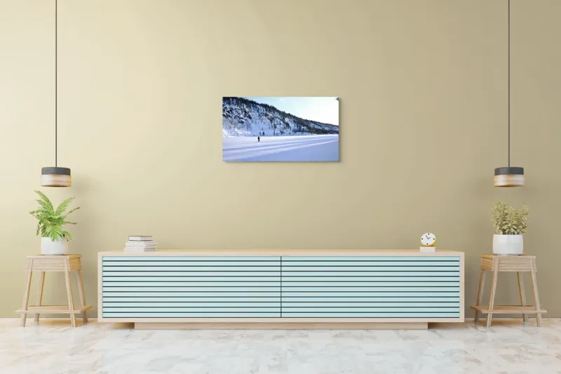 Tablou Canvas, "Umbre lungi pe zăpada albă", Tăcere, Solitudine, Îngheț, Vastitate, Lumină, Natură, Răceală, Munți, Seninătate, Contrast, 90 x 50 cm – poza 5