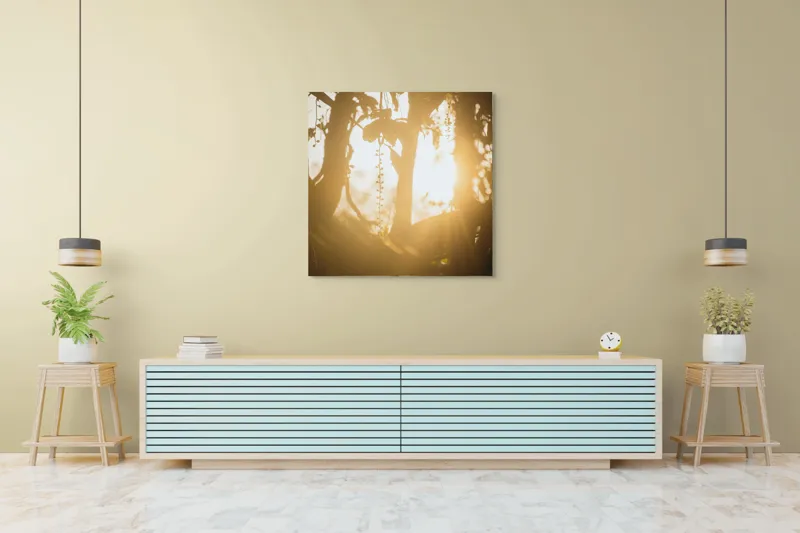 Tablou Canvas, "Lumina soarelui printre crenguțe verzi", Lumină, Siluete, Mister, Natură, Răsfirare, Contrast, Frunziș, 100 x 100 cm – poza 5