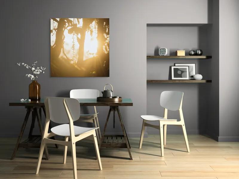 Tablou Canvas, "Lumina soarelui printre crenguțe verzi", Lumină, Siluete, Mister, Natură, Răsfirare, Contrast, Frunziș, 100 x 100 cm – poza 6