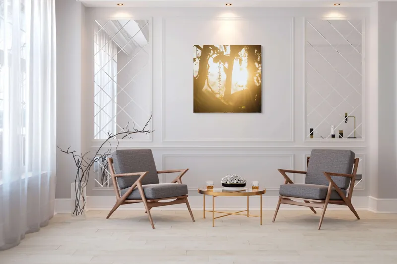 Tablou Canvas, "Lumina soarelui printre crenguțe verzi", Lumină, Siluete, Mister, Natură, Răsfirare, Contrast, Frunziș, 100 x 100 cm – poza 7