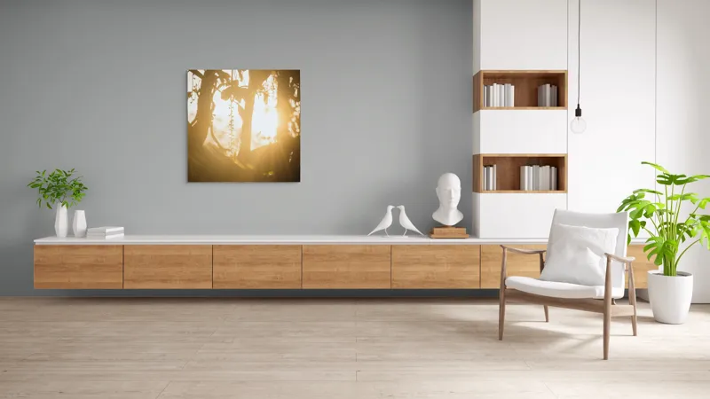 Tablou Canvas, "Lumina soarelui printre crenguțe verzi", Lumină, Siluete, Mister, Natură, Răsfirare, Contrast, Frunziș, 100 x 100 cm – poza 8