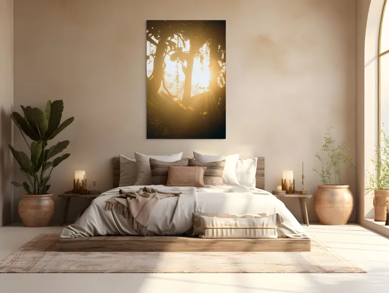 Tablou Canvas, "Lumina soarelui printre crenguțe verzi", Lumină, Siluete, Mister, Natură, Răsfirare, Contrast, Frunziș, 100 x 150 cm – poza 3