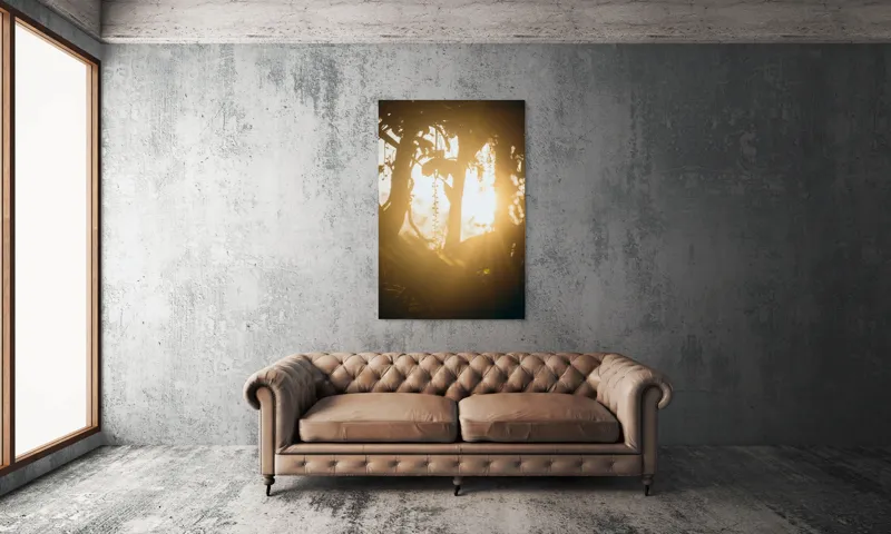 Tablou Canvas, "Lumina soarelui printre crenguțe verzi", Lumină, Siluete, Mister, Natură, Răsfirare, Contrast, Frunziș, 100 x 150 cm – poza 6